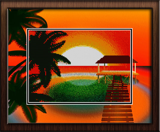 Sunset Beach Watercolor Art Counted Cross Stitch Pattern and Printed Double Mat